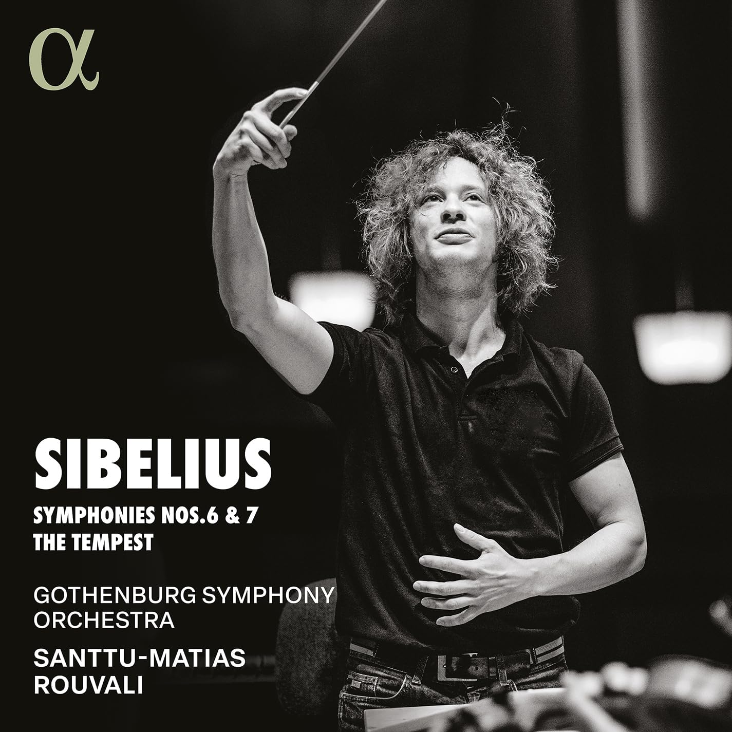 Conductor Santtu-Matias Rouvali with orchestra, album cover for Sibelius symphonies.
