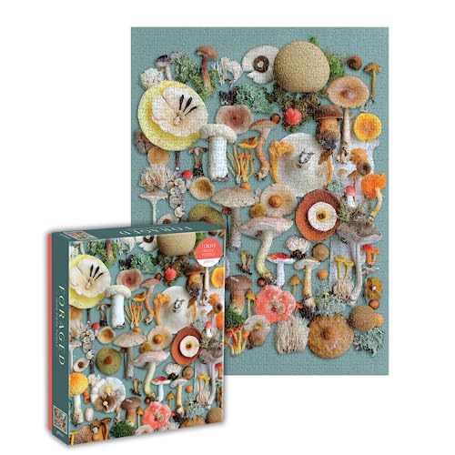 Completed mushroom jigsaw puzzle and its box, colorful and detailed.