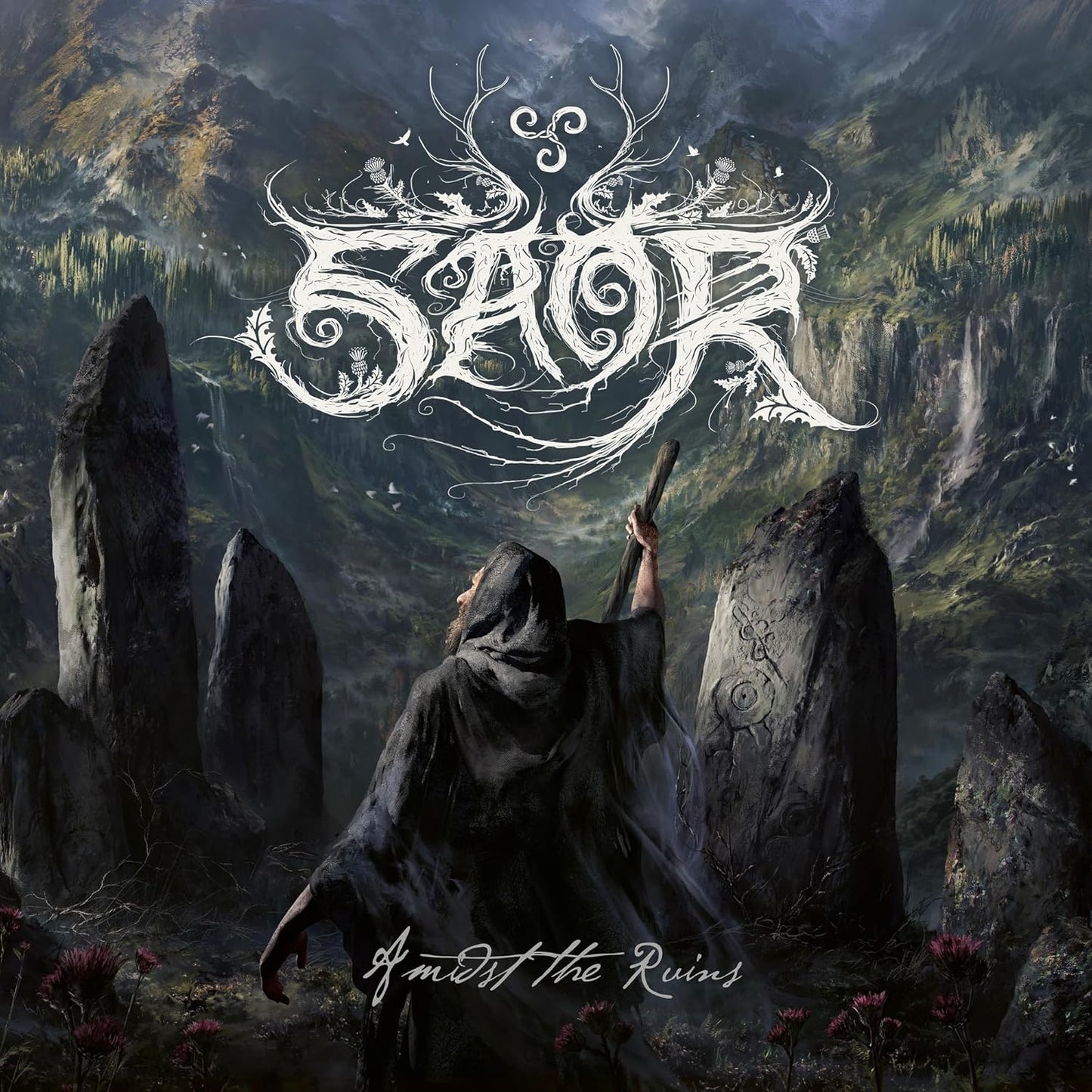 Album cover: hooded figure amidst stone ruins, dark and atmospheric.