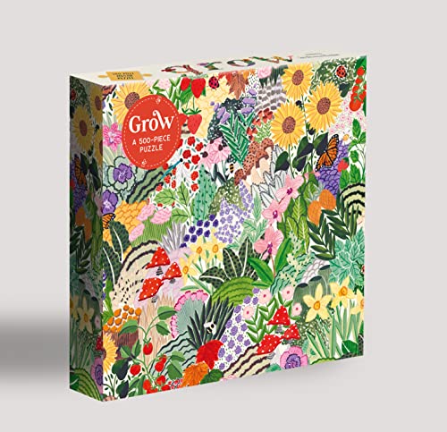 Box for "Grow" 500-piece puzzle depicting colorful wildflowers and insects.