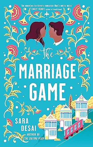 Book cover: couple facing each other, floral design, and houses below.