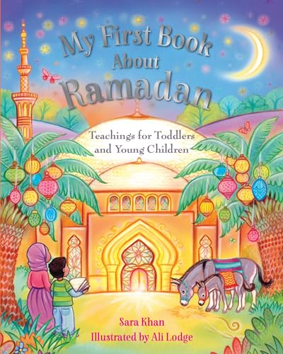 Book cover depicting a mosque, children, and a crescent moon for Ramadan.