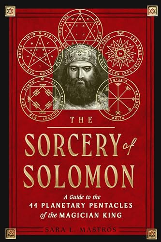 Book cover featuring King Solomon's portrait surrounded by five circular planetary pentacles on red.