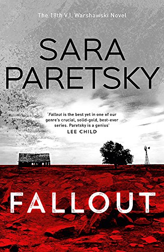 Book cover for Fallout by Sara Paretsky featuring a red landscape and a barn.