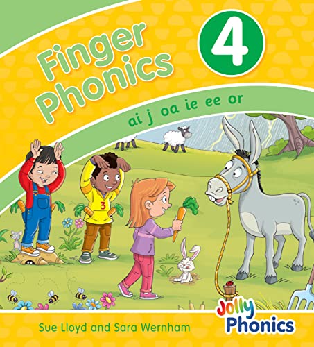 Finger Phonics Book 4 cover featuring children, a donkey, and phonics letter combinations.