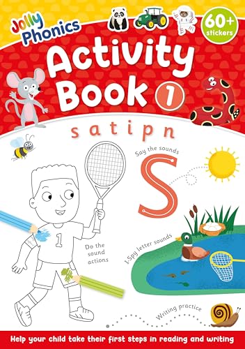 Jolly Phonics Activity Book 1 cover featuring a boy, letter S, and pond scene.