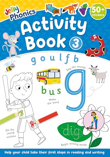 Jolly Phonics Activity Book 3 cover with letter 'g', bus, and illustrations.
