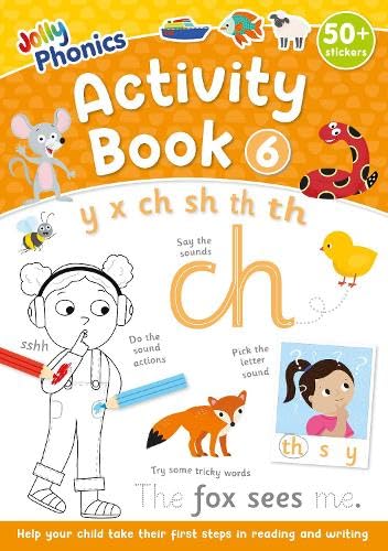 Jolly Phonics Activity Book 6 cover with letters, animals, and children.