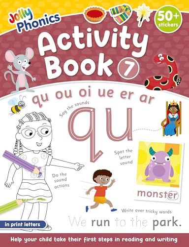 Jolly Phonics Activity Book 7 cover with letters, illustrations, and stickers.
