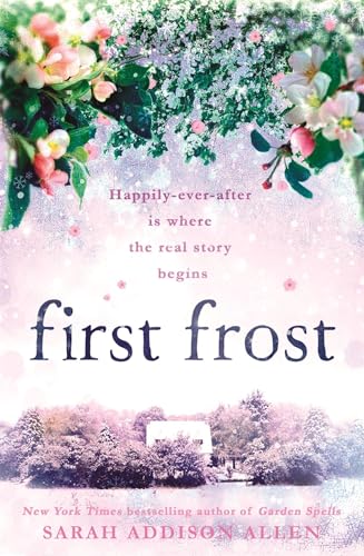 Book cover with snowy branches, pink blossoms, and a distant house.