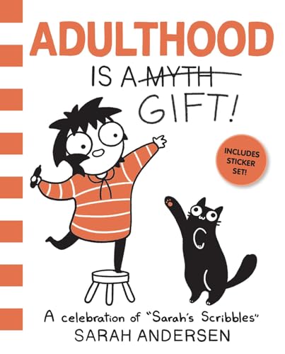 Book cover with cartoon woman, cat, and red-and-white striped design.