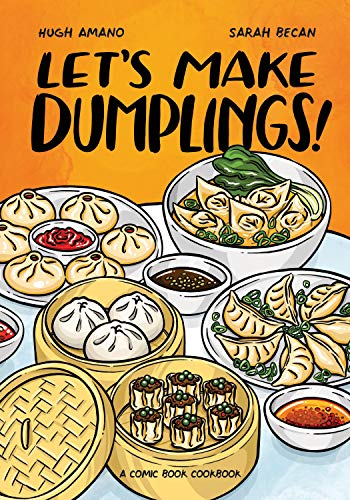 Comic book cover featuring colorful illustrations of various dumplings and ingredients.