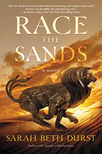 Book cover: "Race the Sands" features a fantastical, armored lion in a desert.