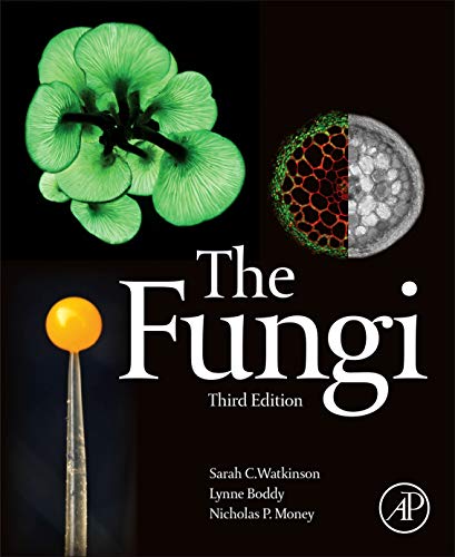 Book cover for The Fungi featuring green mushrooms, a microscopic cross-section, and yellow spore.