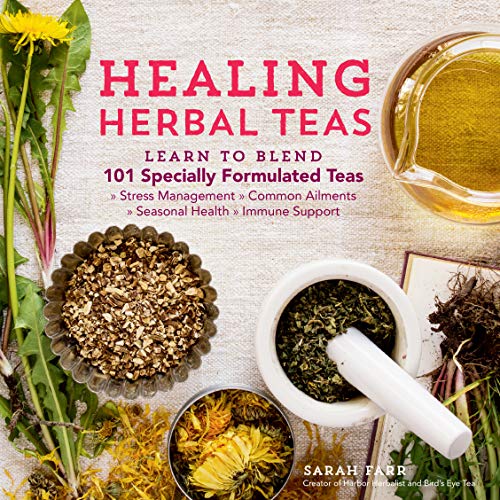 Book cover for "Healing Herbal Teas" with herbs and tea blends.