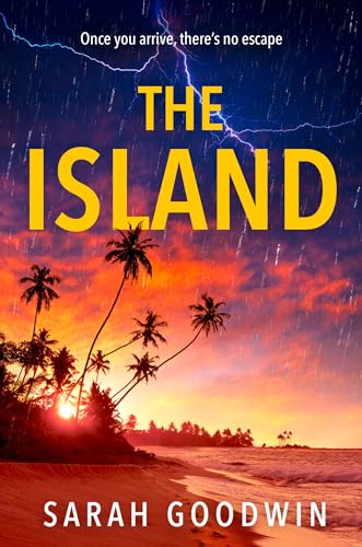 Book cover: "The Island" with a stormy sunset and palm trees.