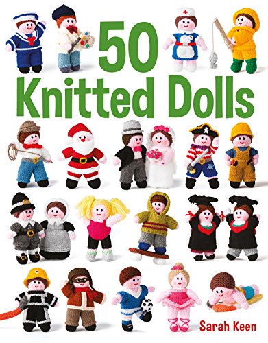 Cover of "50 Knitted Dolls" book featuring various small, knitted figures.