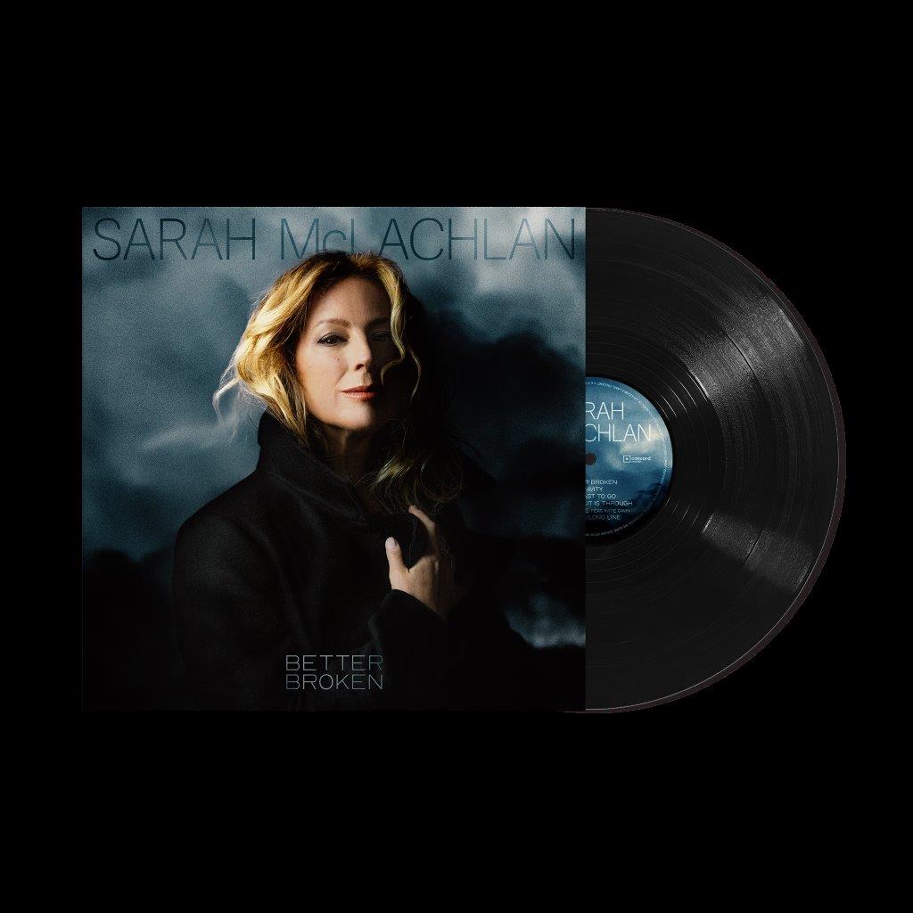 Sarah McLachlan Better Broken album cover art next to a black vinyl record.