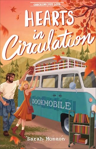 Book cover: couple with a bookmobile, autumn leaves, and title “Hearts in Circulation.”