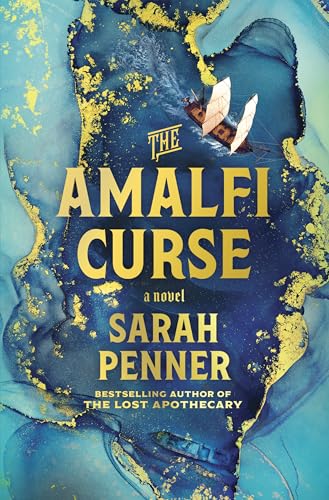 Book cover: “The Amalfi Curse” with gold marbled blue background and sailboat.