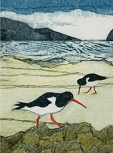 Watercolor painting of two oystercatchers on a rocky beach.