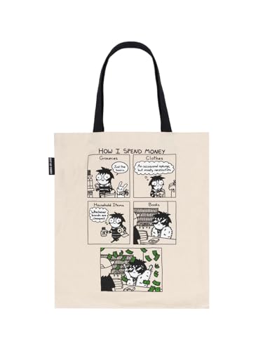 Cream tote bag with black comic panels illustrating spending habits.