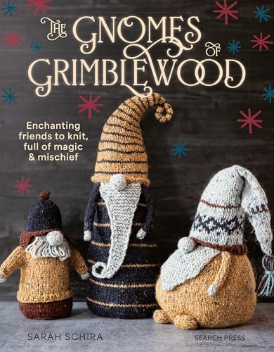 Three knitted gnome dolls with tall hats stand against a dark wood background.