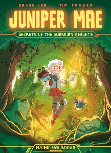 Young girl in armor holds glowing object in forest with small blue creature nearby.