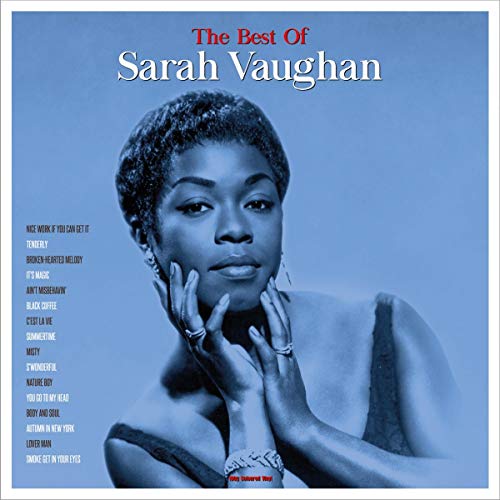 Sarah Vaughan portrait on a blue vinyl record album cover.