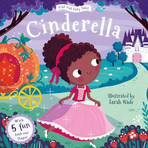 A young girl in a pink ballgown stands before a pumpkin carriage and castle.