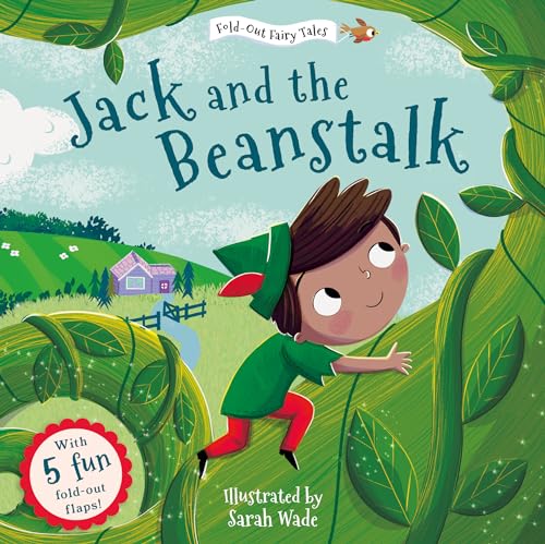 Book cover: Jack climbing a large green beanstalk, fairytale illustration.