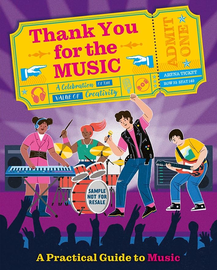 Book cover with illustrated musicians and concert ticket design.