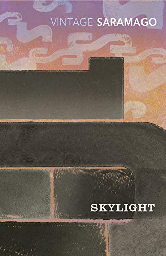 Book cover for “Skylight” with abstract orange and black design.