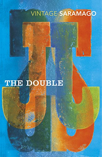 Book cover for "The Double" by José Saramago, abstract orange and blue design.