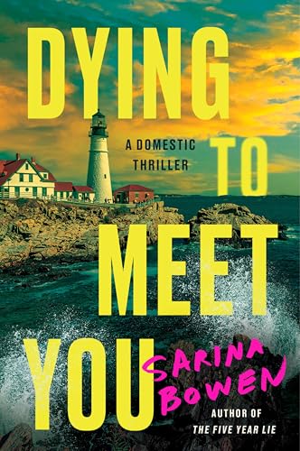 Book cover with large yellow text, a lighthouse, and crashing waves.