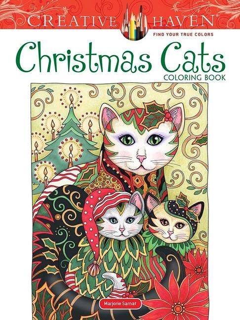 Cover of “Christmas Cats” coloring book featuring decorated cats and foliage.