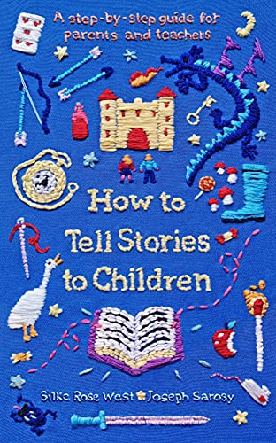 Book cover with embroidered icons including a castle, dragon, and open book on blue.