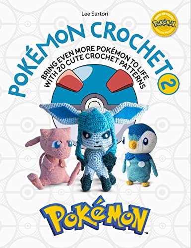 Book cover featuring crochet Mew, Glaceon, and Piplup figures in front of a Poké Ball.