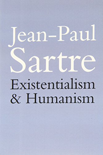 Book cover: "Existentialism and Humanism" by Jean-Paul Sartre, light purple background.