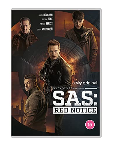 SAS: Red Notice DVD cover featuring Sam Heughan, Ruby Rose, and Andy Serkis.