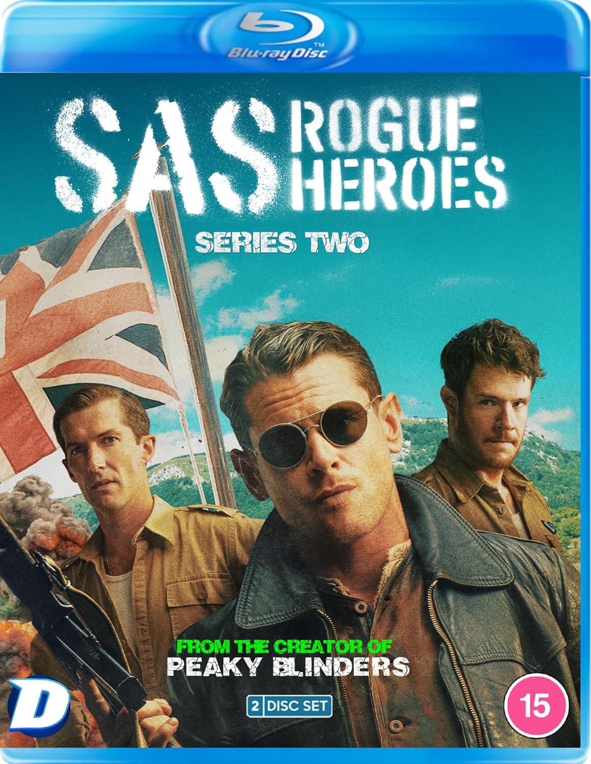 Blu-ray cover for SAS Rogue Heroes Series Two featuring three men and a flag.