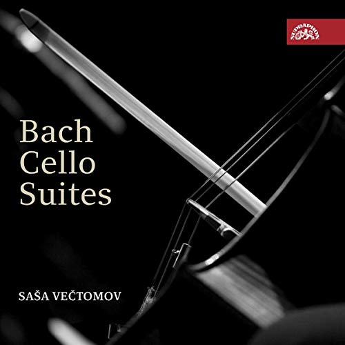 Cello album cover with "Bach Cello Suites" text and red logo on black background.