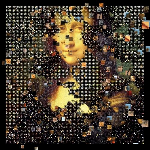 Mosaic portrait of a man resembling Leonardo da Vinci, dark background.