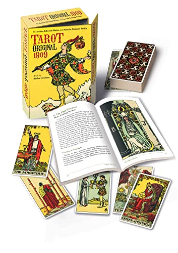 Tarot Original 1909 kit with box, open guidebook, and several illustrated tarot cards.