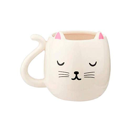 Cream ceramic mug shaped like a cat face with pink inner ears.