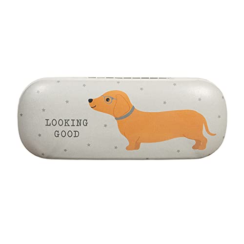 Light grey glasses case featuring a cartoon dachshund wearing glasses and text Looking Good.
