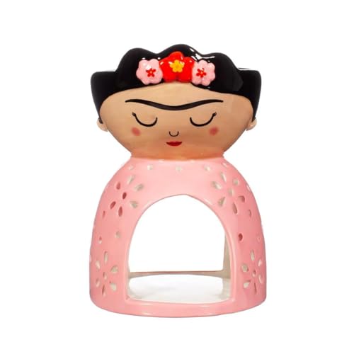 Pink ceramic oil burner shaped like Frida Kahlo with floral headpiece.