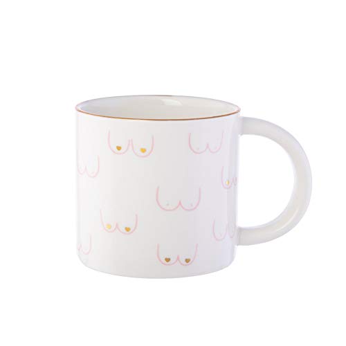 White ceramic mug with a repeating pattern of pink line-art breasts with gold hearts.