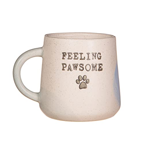 Beige speckled ceramic mug with "Feeling Pawsome" text and paw prints.