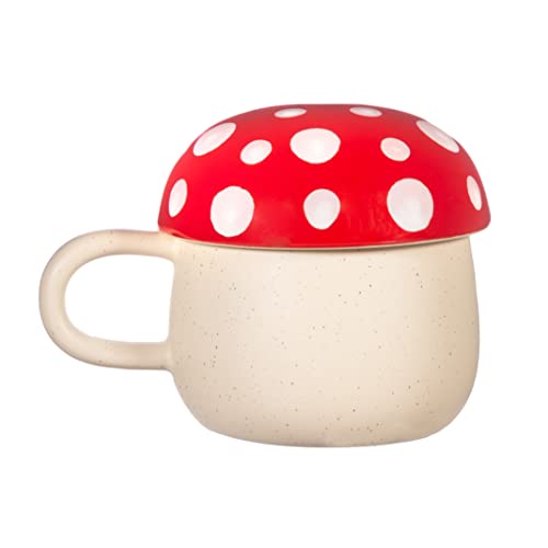 Red mushroom-shaped mug with a speckled cream base and lid.